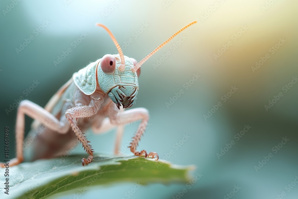 Poster close-up view of a vibrant grasshopper resting on a leaf in a natural setting during the daytime