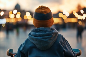 Child in a winter hat gazes at colorful lights during dusk at a festive outdoor market
