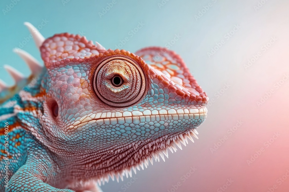Poster colorful chameleon displays vibrant patterns and textures in a close-up view under soft lighting