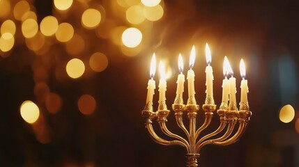 Fototapeta premium hanukkah gold menorah with lit candles against blurred background festive celebration