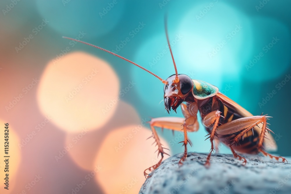 Poster close-up of a colorful insect perched on a rock with bokeh background in soft natural light