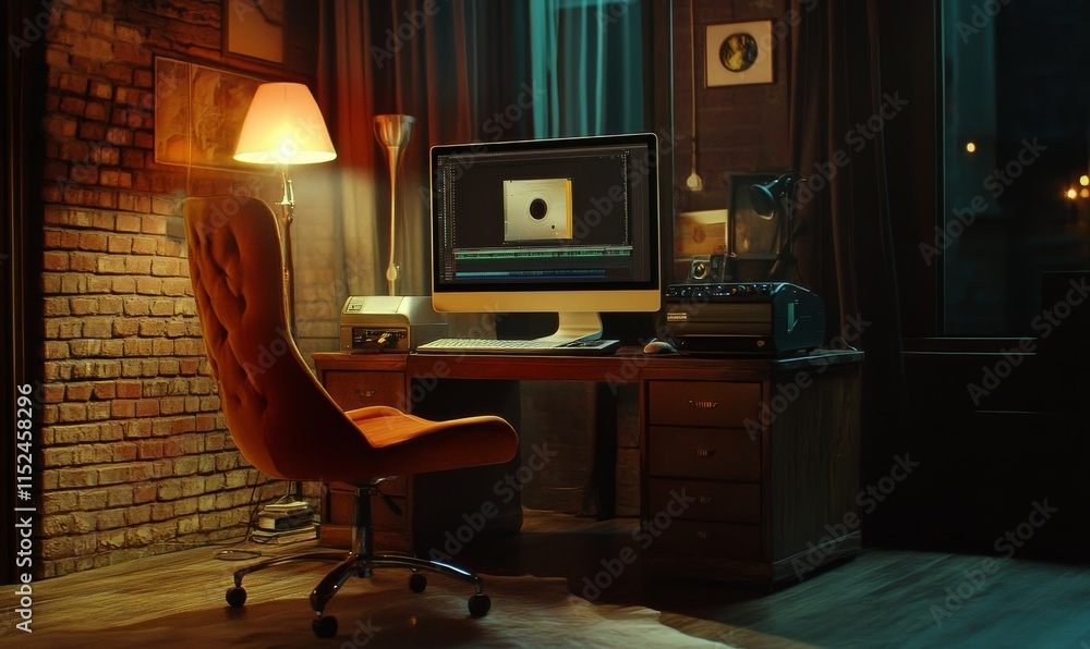 Poster compact video editing setup with an illuminated monitor, external hard drive, and a comfortable chai