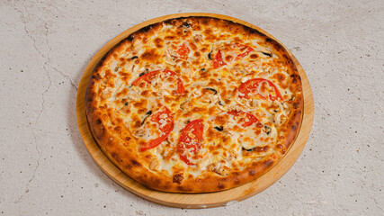 Delicious pizza on tray isolated