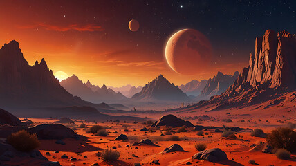 Fototapeta premium Alien planet landscape, dusk or dawn desert surface with mountains, rocks and sun shining on red and orange starry sky. Space extraterrestrial computer game background, cartoon vector illustration