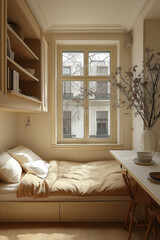 Photographie d&rsquo;un studio &eacute;tudiant au design minimaliste, &eacute;quip&eacute; d&rsquo;un lit escamotable, d&rsquo;une table &agrave; manger pliable, de murs blancs &eacute;pur&eacute;s, et de rangements int&eacute;gr&eacute;s, espace de vie fonctionnel