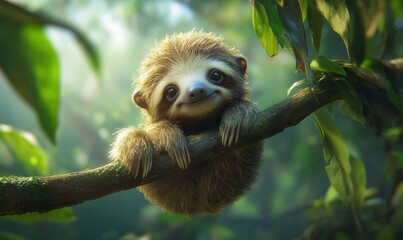 Fototapeta premium Baby sloth clinging to a branch in a lush rainforest, its soft fur glistening in the light.