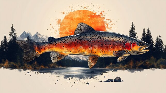 Aquatic fishing graphic of trout isolated vector design trophy angling illustration