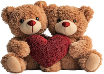 2 stuffed teddy bears are holding a red heart in transparent background, perfect for Valentine's day theme