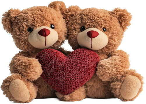 Naklejki 2 stuffed teddy bears are holding a red heart in transparent background, perfect for Valentine's day theme
