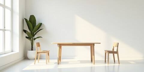 Minimalist Light-Filled Room with Wooden Table and Chairs and a Potted Plant