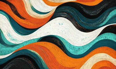 Obraz premium A textured, grainy wave background in orange, teal, white, blue, and black, creating a vibrant design for a music poster.