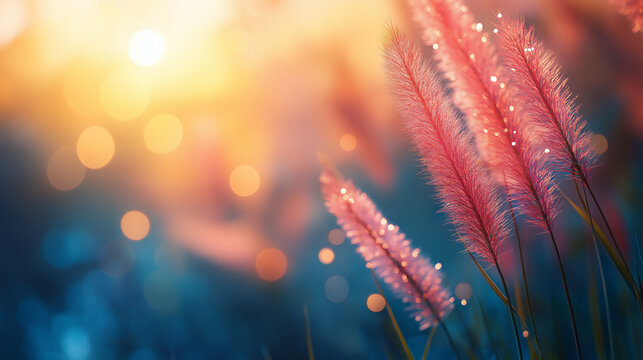 Soft pink grass swaying in the breeze with sunset background for greeting card - Powered by Adobe