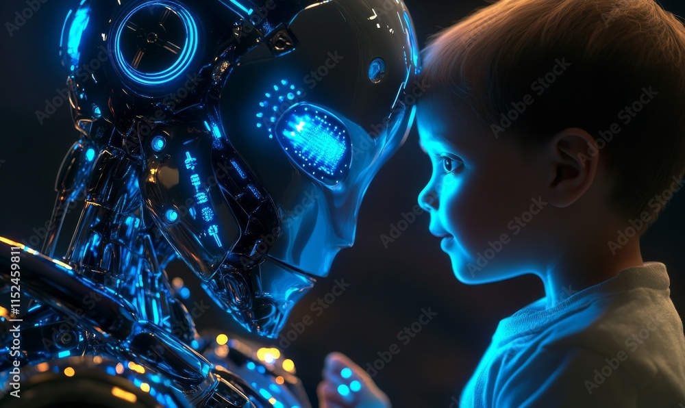 Poster advanced humanoid robot with realistic skin texture and glowing blue circuits, interacting gently wi
