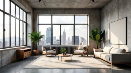 Modern minimalist apartment living room with expansive window views of a cityscape and neutral-toned furniture