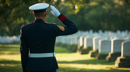 A soldier salutes in a serene military cemetery with white tombstones under soft sunlight amidst a tranquil setting
