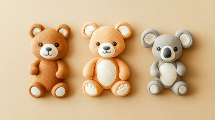 Two teddy bears and a koala made of clay resting on a brown surface