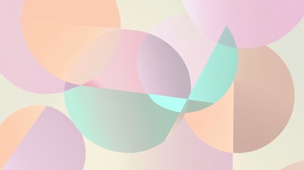 Minimalist abstract design with overlapping pastel circles and triangles in muted tones of peach, lavender, and mint, featuring layered transparency and smooth geometric transitions. Background