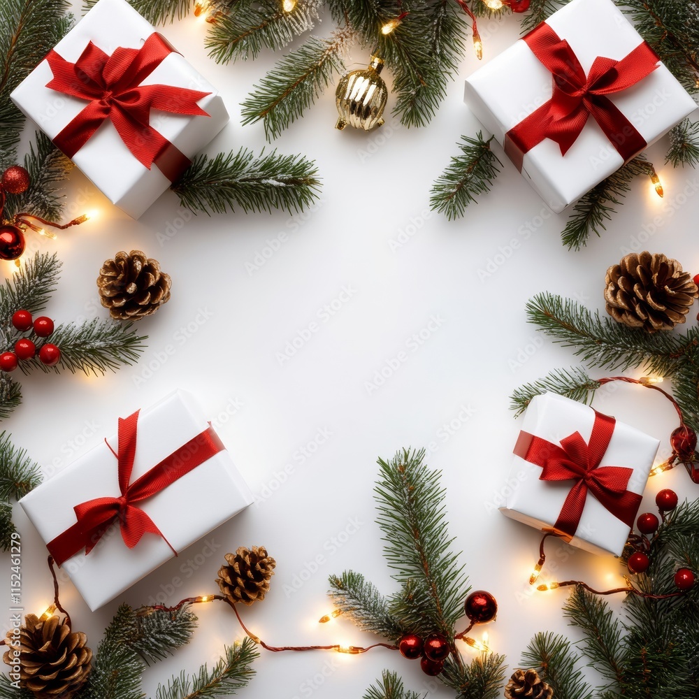 Poster a festive frame crafted from christmas fir branches on a white paper background, adorned with red de