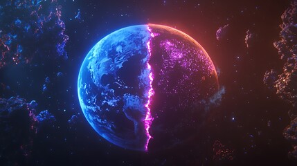 Neon Earth: A Divided Planet in Cosmic Embrace