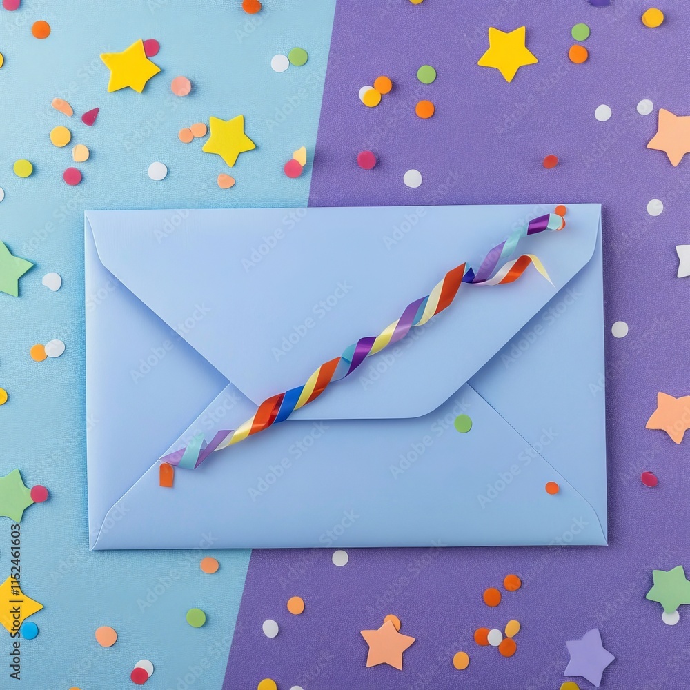 Poster envelope adorned with party streamers and confetti on a mint background, serving as a flat lay invit