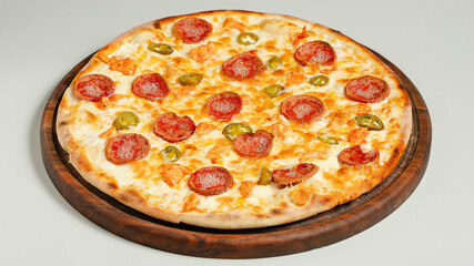 Sausage pizza on tray isolated