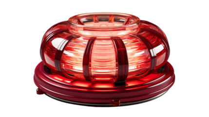 A vivid red emergency beacon shining brightly, representing hazard awareness and safety, studio view, isolated on transparent background.