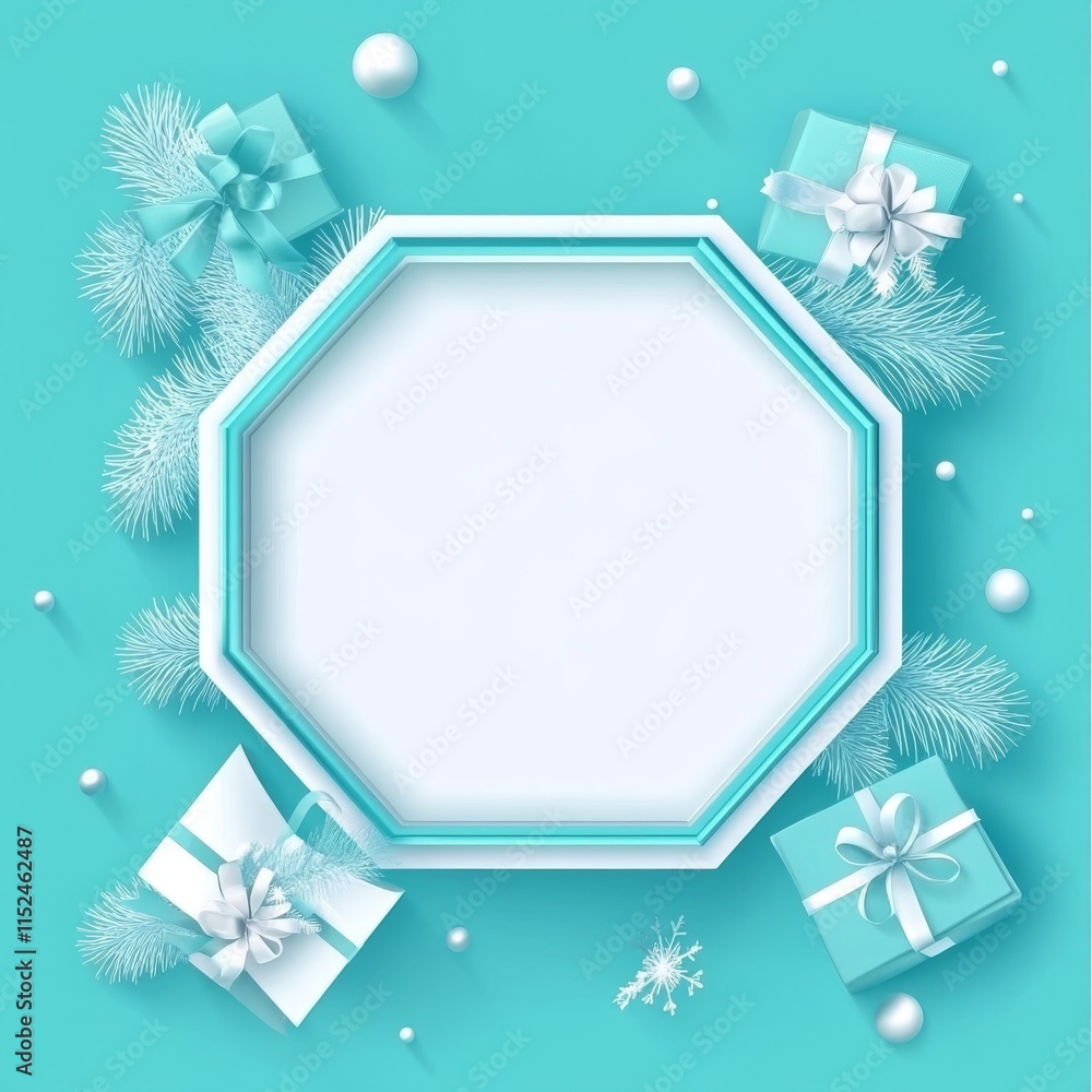 Poster a 3d render of a christmas greeting card mockup featuring a white hexagonal frame with ample space f