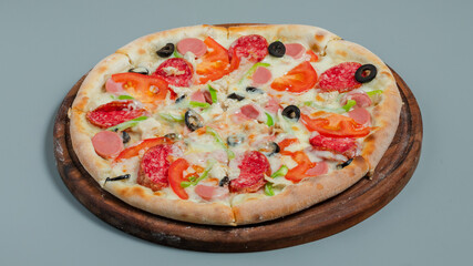 Delicious pizza on tray isolated