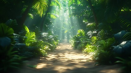 Obraz premium Sunbeams illuminate a sandy path through a lush, green tropical jungle.