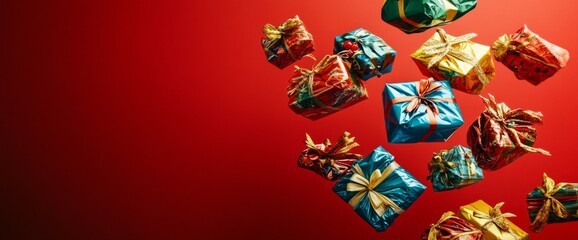 Christmas gift boxes moving or drifting on a red background.