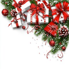 Christmas fir branches, gift boxes adorned with red ribbon, red decorations, sparkles, and confetti on a white background. A festive Xmas and New Year greeting card for the winter holidays. Flat lay,