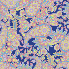 Madhubani, Kalamkari, Chinz, and Kani seamless pattern. Shirting fabric, Ajrakh and Ikat styles. Patola backdrop. Floral allover design