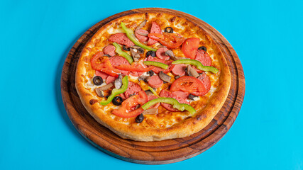 Delicious pizza on tray isolated