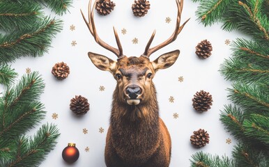 A Christmas and New Year background concept featuring a top view of Christmas decorations using Christmas balls, snowflakes, and a reindeer, with a white background.
