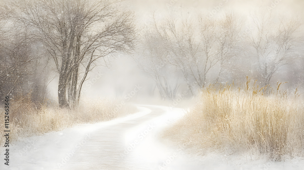 Poster a snow-covered path winds through a tranquil winter landscape. bare trees and frosted grasses line t