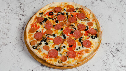 Sausage pizza on tray isolated