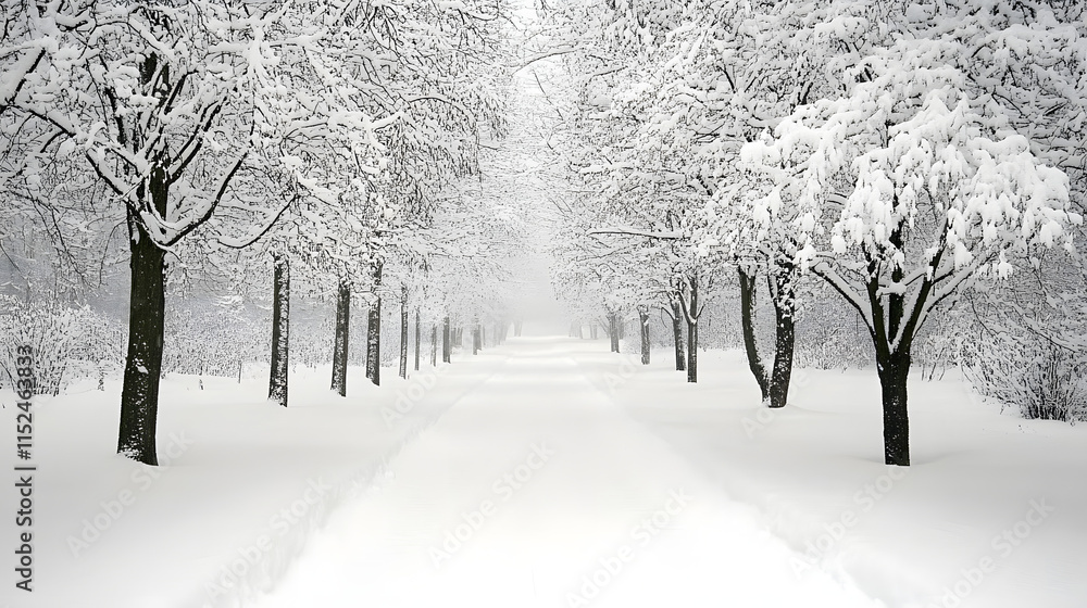 Poster a snow-covered path winds through a serene winter wonderland. rows of snow-laden trees line the path