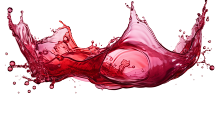 A bold splash of red wine captured in mid-motion, perfect for vibrant artistic visuals, studio view, isolated on transparent background.
