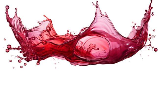 A bold splash of red wine captured in mid-motion, perfect for vibrant artistic visuals, studio view, isolated on transparent background.