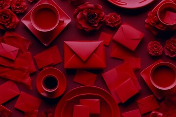 A table for Chinese Lunar New Year adorned with a gift box, lucky money, dried fruit, blossoms, and tea.
