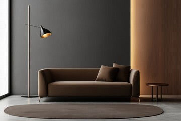 interior design, chic living room blends comfort and elegance with a mocha carpet, sofa, and sleek metallic fixtures reflecting sunlight through geometric windows