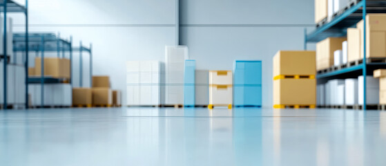 A well-organized warehouse interior featuring shelves filled with neatly stacked boxes of various colors and sizes.