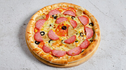 Sausage pizza on tray isolated