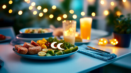 A beautifully arranged plate of colorful food with drinks, set against a backdrop of soft lights, creating a cozy dining atmosphere.