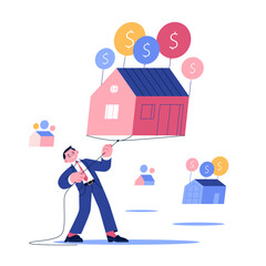 A businessman tries to hold up a flying house that is tied to balloons. Rising real estate prices. Rising interest on home mortgages. Economic crisis. Vector illustration.