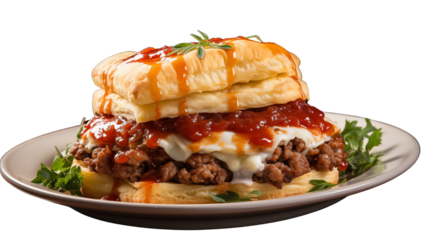 Warm sausage biscuit sandwich, a perfect grab-and-go breakfast option for busy mornings, studio view, isolated on transparent background.