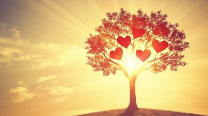 Tree with red heart-shaped leaves against bright sunlight. Love and nature concept