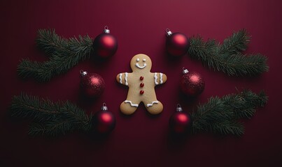 A festive New Year's card featuring a red background adorned with a gingerbread man, New Year's ornaments, and fir树枝, along with merry Christmas and happy New Year wishes.