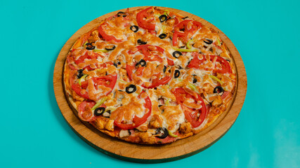 Delicious pizza on tray isolated