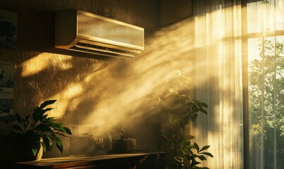 A wall mounted air conditioner blows cool air into a sunlit room